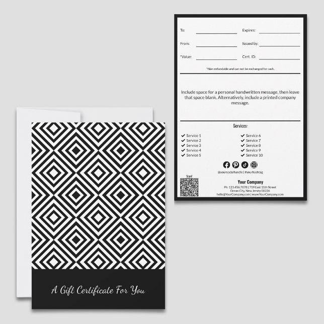 QR-kod Tjänst Not Svart Vit Presentbevis (QR Code Service Note Black White Gift Certificate: Personal Note, Tracking, List, Social Media)