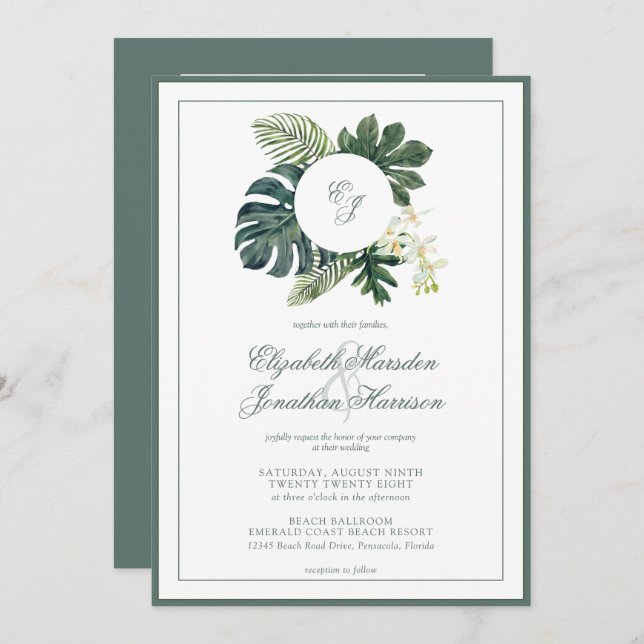 QR-kod Tropical Monstera Orchids Monogram Photo Inbjudningar (Fram/baksida)