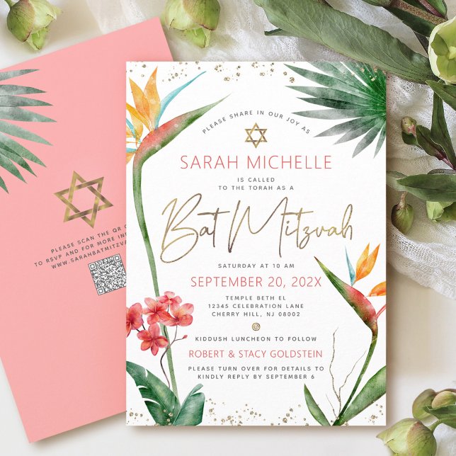 QR-kod Tropisk Bat Mitzvah Blommig Guld Skrift Inbjudningar (Skapare uppladdad)