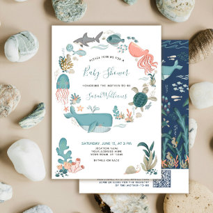 QR-kod Under havet Blå akvarell Baby Shower Inbjudningar