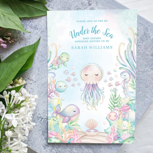 QR-kod under Sea Blue Watercolor Baby Shower Inbjudningar (QR Code Baby Shower Invitation!)