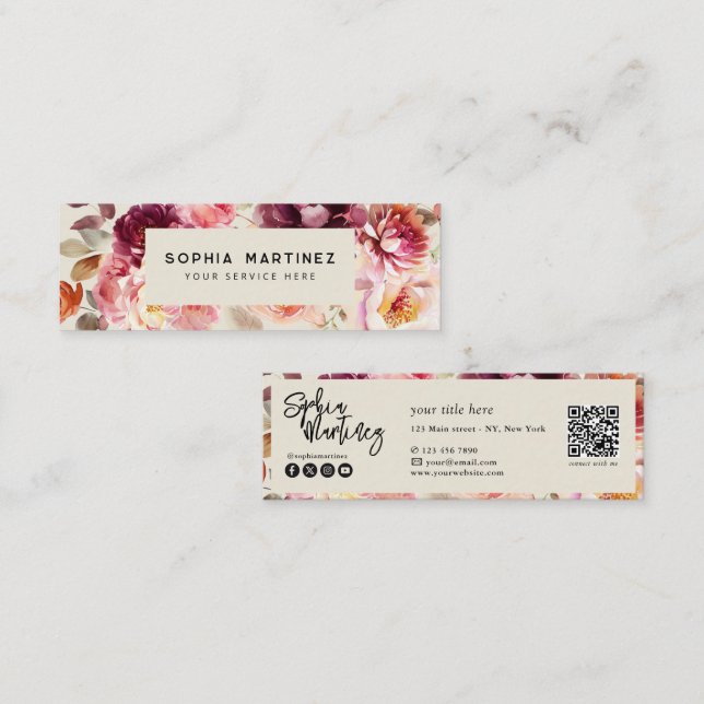 QR-kod Vattenfärg Blommig Burgunderröd Höst Mini Visitkort (Fram/baksida)