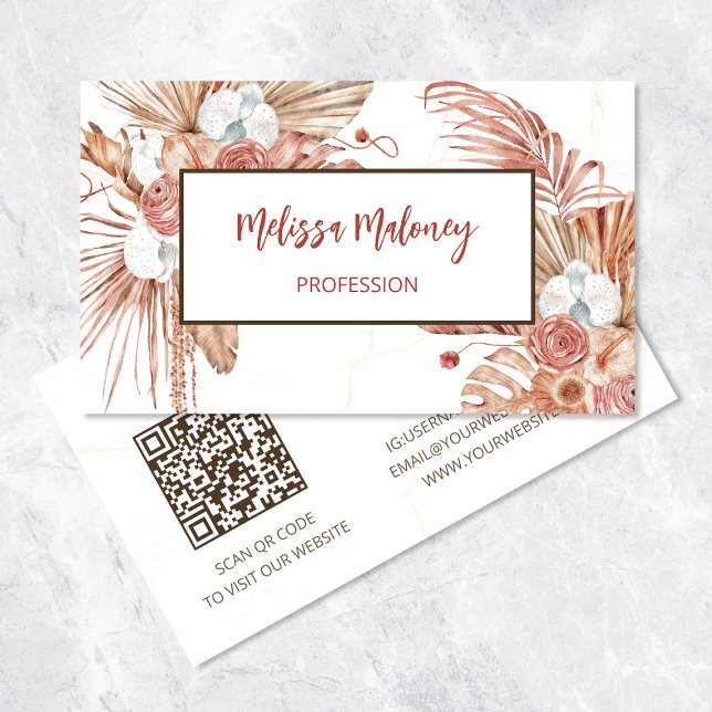 QR-kod | Vattenfärg Boho Tropical Flowers Visitkort (Skapare uppladdad)