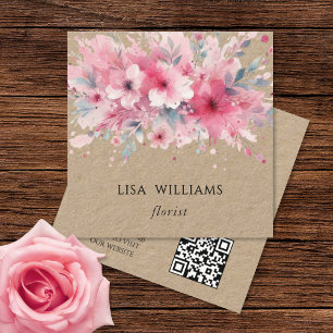 QR-kod Vattenfärg Rosa Blommor Kraft Fyrkantigt Visitkort