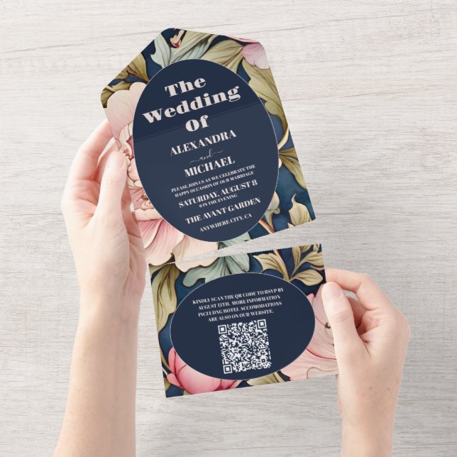 QR-kod Vattenfärg Rosa Peony Art Nouveau Bröllop (Avrivbar del)