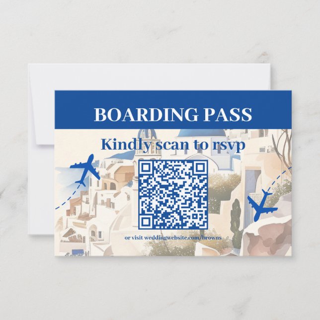 QR-kod Vattenfärg Santorini Bröllop utomlands OSA Kort (Framsida)