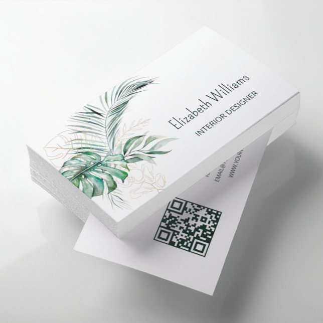 QR-kod |  Vattenfärgade tropiska blad Visitkort (Skapare uppladdad)