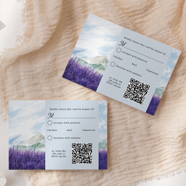 QR-kod Vattenfärgsberg Lavender Bröllop OSA Kort (QR Code RSVP Card from my Mountain Lavender Wedding Collection)