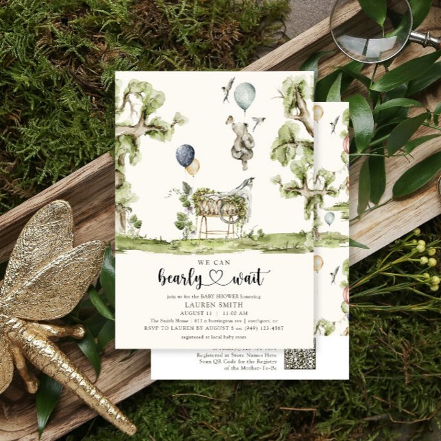 QR-kod Vi kan knappt vänta Skogsvarelddriven babyf Inbjudningar (Skapare uppladdad)