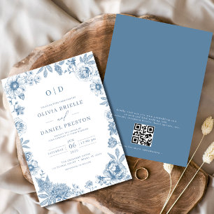 QR-kod Victorian Fransk Dusty Blue Bröllop Inbjudningar