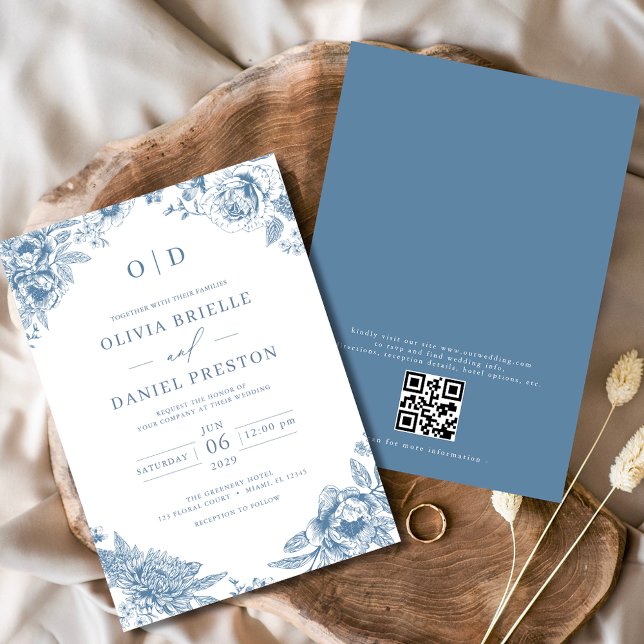 QR-kod Victorian Fransk Dusty Blue Bröllop Inbjudningar (Skapare uppladdad)