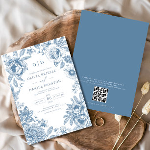 QR-kod Victorian Fransk Dusty Blue Bröllop Inbjudningar
