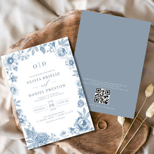 QR-kod Victorian Fransk Dusty Blue Bröllop Inbjudningar