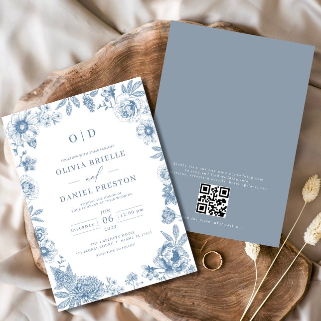 QR-kod Victorian Fransk Dusty Blue Bröllop Inbjudningar (Skapare uppladdad)