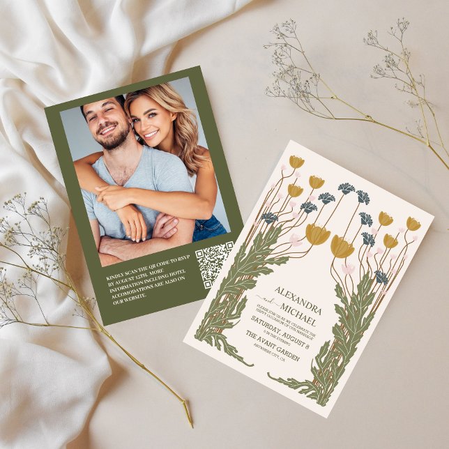 QR-kod Vintage Blommigt Art nouveau Bröllop Inbjudningar (Skapare uppladdad)