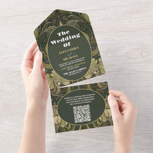 QR-kod Vintage blomsterkonst Art Nouveau Bröllop (Avrivbar del)