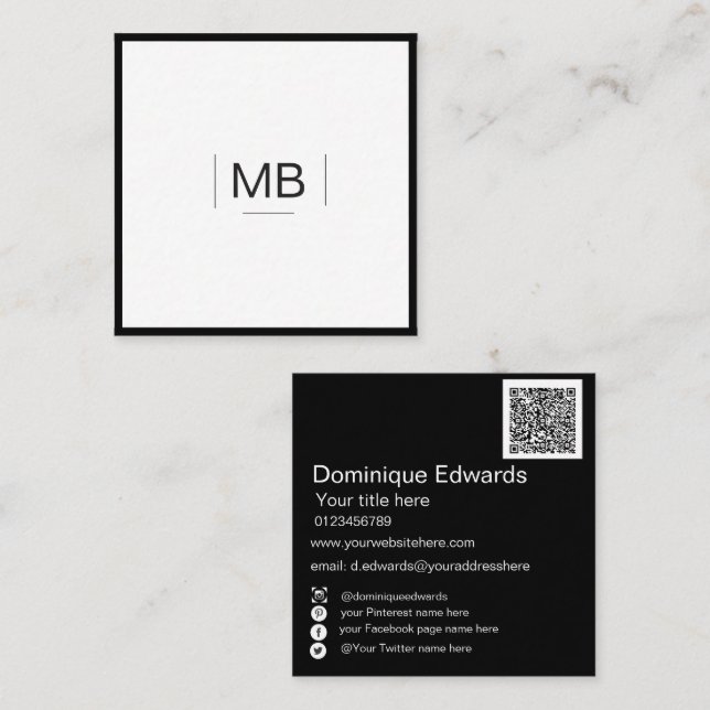 QR-kod, vit, svart, Social-Professionell Fyrkantigt Visitkort (Fram/baksida)