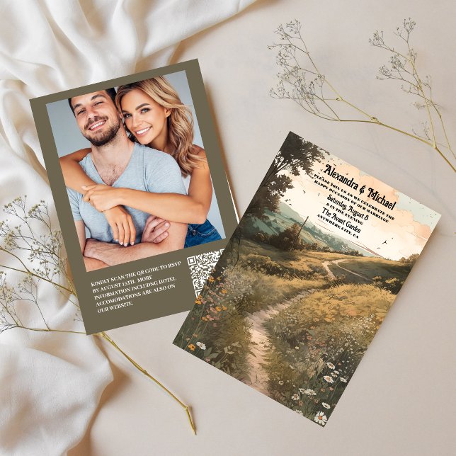 QR-kod Whimsic Rustic Wildblomme Meadow Bröllop Inbjudningar (Skapare uppladdad)