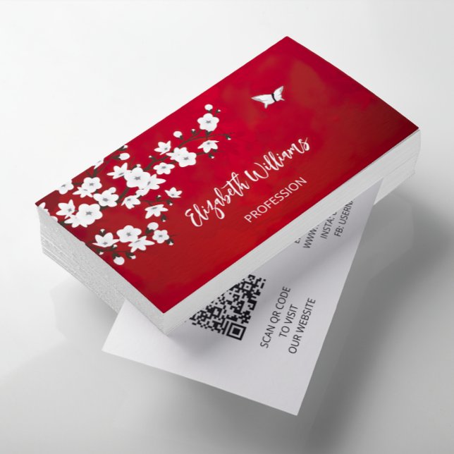 QR-kod | White Cherry Blommar Red Visitkort (Skapare uppladdad)