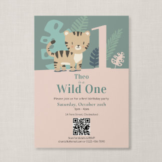 QR-kod Wild One Djungel Tiger Första Födelsedag Inbjudningar