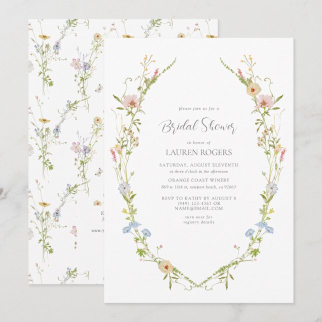 QR-kod Wildblommor Watercolor Garden Möhippa Inbjudningar (Fram/baksida)