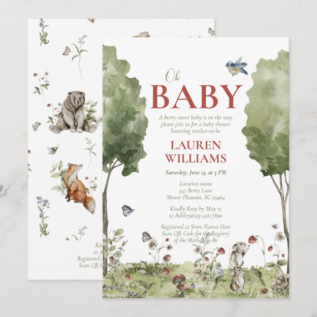 QR-kod Wildblomsterjordgubbe Oh Baby Shower Inbjudningar (Fram/baksida)