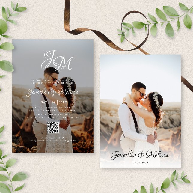 QR-kodbudgetmonogramskript 2 Photo Bröllop Inbjudningar (Skapare uppladdad)