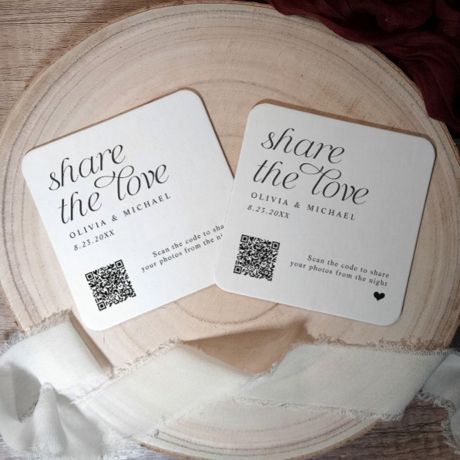 QR-koden Bröllop Underlägg  Kärlek (Personalized wedding coasters with QR codes for guests to upload photos.)