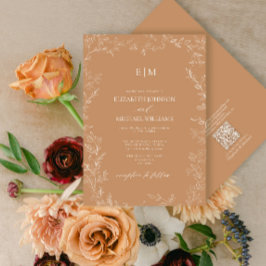 QR-koden Elegant Löv Terracotta Monogram Bröllop Inbjudningar