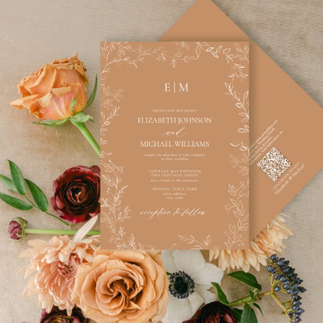 QR-koden Elegant Löv Terracotta Monogram Bröllop Inbjudningar (Skapare uppladdad)