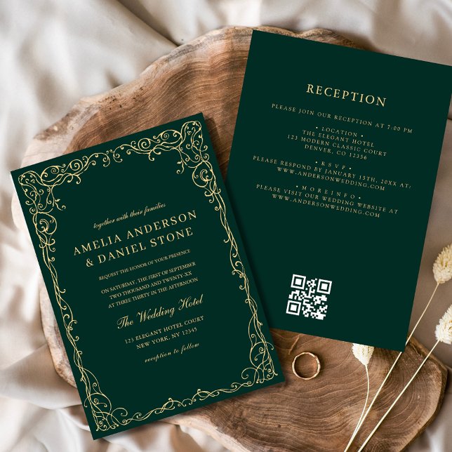 QR-koden Emerald Grönt Guld minimal Bröllop Inbjudningar (Skapare uppladdad)