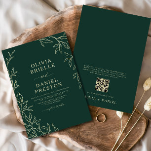 QR-koden Emerald Grönt & Guld minimal Löv Bröllop Inbjudningar