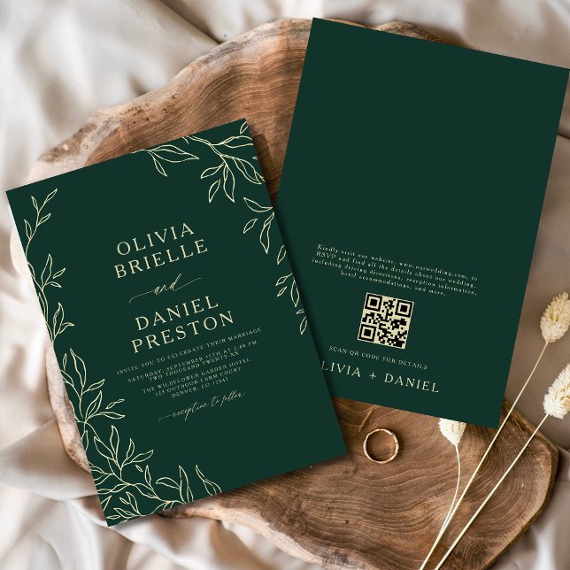 QR-koden Emerald Grönt & Guld minimal Löv Bröllop Inbjudningar (Skapare uppladdad)