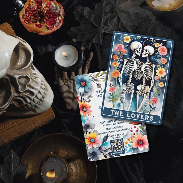 QR-koden för Älskare Tarot Blommigt gotiic Bröllop Inbjudningar (Skapare uppladdad)