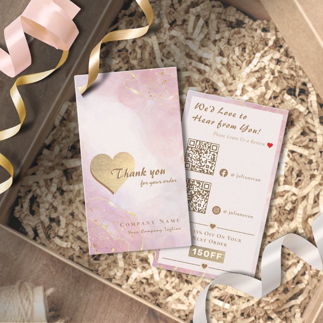 QR-koden för elegant i Rosa ros Heart Tack Visitkort (Elegant Pink Rose Gold Heart QR code Thank you Card for Business)
