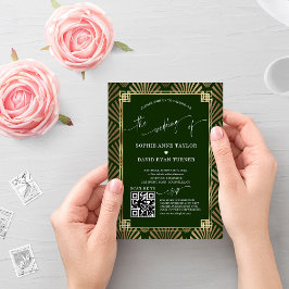 QR-koden Guld Mörk grönt Art Deco Bröllop Inbjudningar