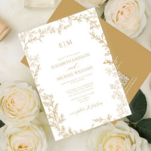 QR-koden Löv Guld Elegant Monogram Bröllop Inbjudningar