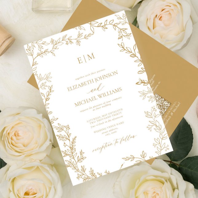 QR-koden Löv Guld Elegant Monogram Bröllop Inbjudningar (Skapare uppladdad)