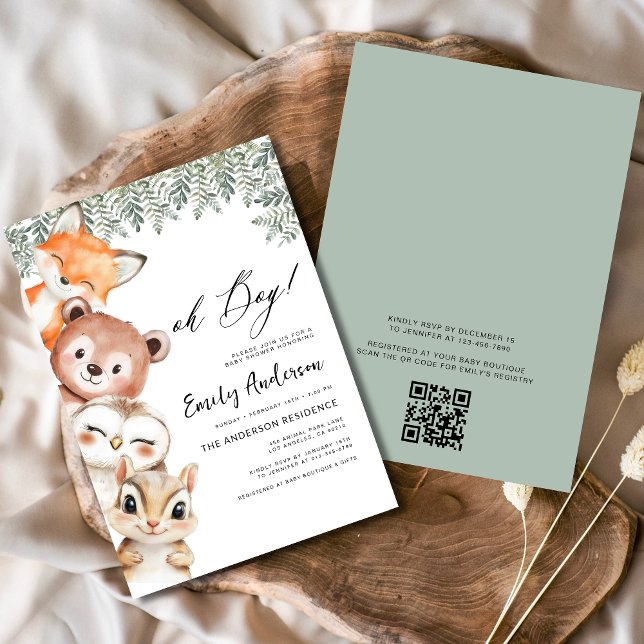 QR-koden Oh Boy! Baby Shower för trädsdjur Inbjudningar (Skapare uppladdad)
