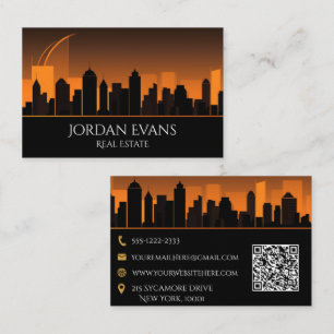 QR-koden Real Gods City Skyline Orange and Black Visitkort