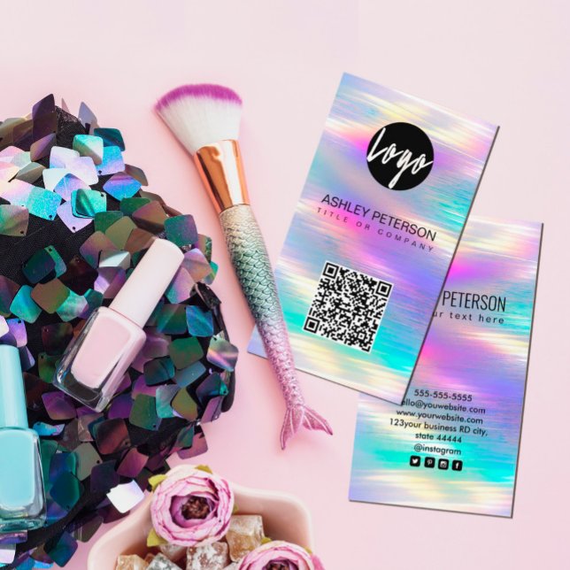 QR Kodholografisk regnbåge | Social Media Visitkort (#zazzlemade #boutiqueshop #logobranding #pinkfuchsiabrightvivid #unicorn #hairstylist #makeupartist)