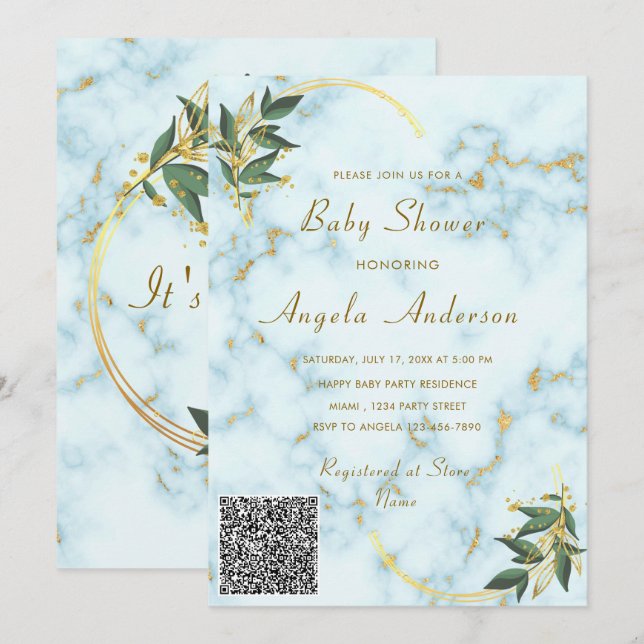QR-kodinbjudan Modern Marble Baby Shower (Fram/baksida)