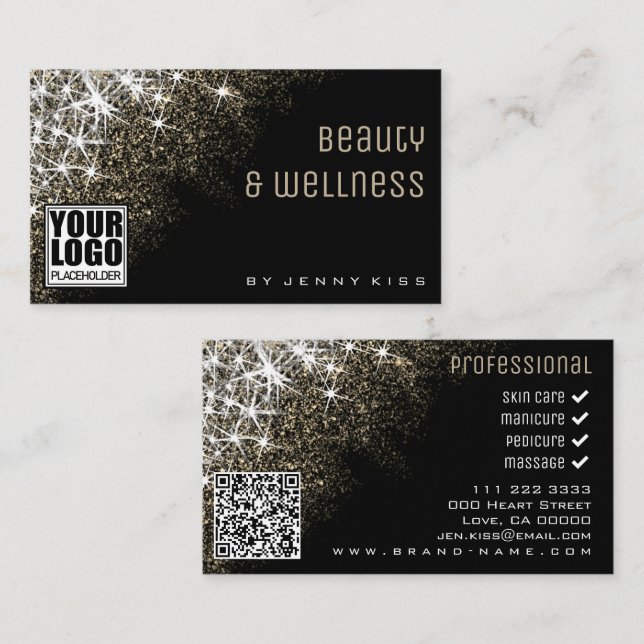 QR-kodmall Logotyp Luminous Guld Glitter Stars Visitkort (Fram/baksida)