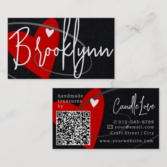 QR-kodmall röd med Kärlek-hjärtan Visitkort (Fram/baksida)