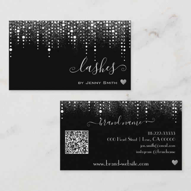 QR-kodmall Söt Drives Silver Glitter Rain Visitkort (Fram/baksida)