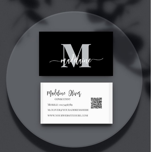QR-kodmonogram svart Elegant Visitkort (Skapare uppladdad)