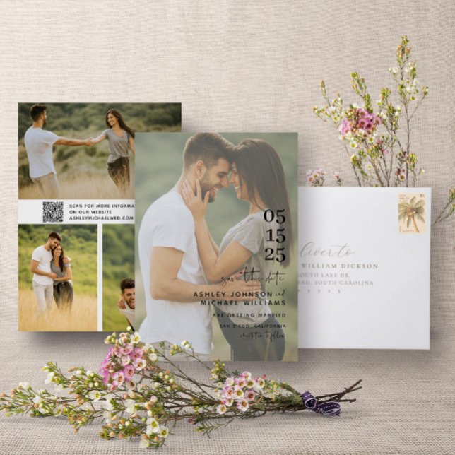 QR-kodöverlägg Modern 4-fotosättartypografi för El Spara Datumet (QR Code Save the Date!)