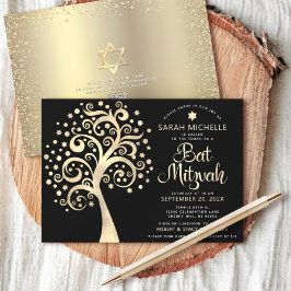QR-kodskript Bat mitzvah Black Guld Livets träd Inbjudningar