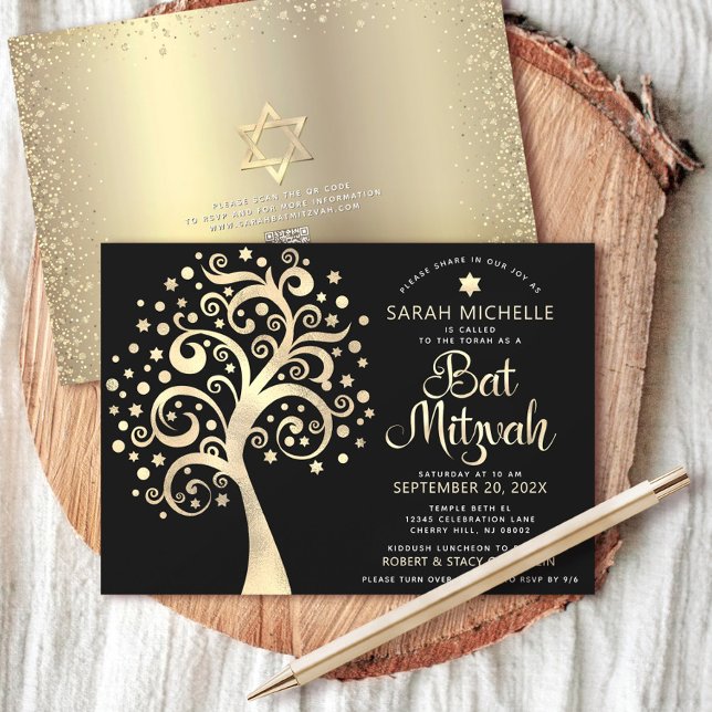 QR-kodskript Bat mitzvah Black Guld Livets träd Inbjudningar (Skapare uppladdad)
