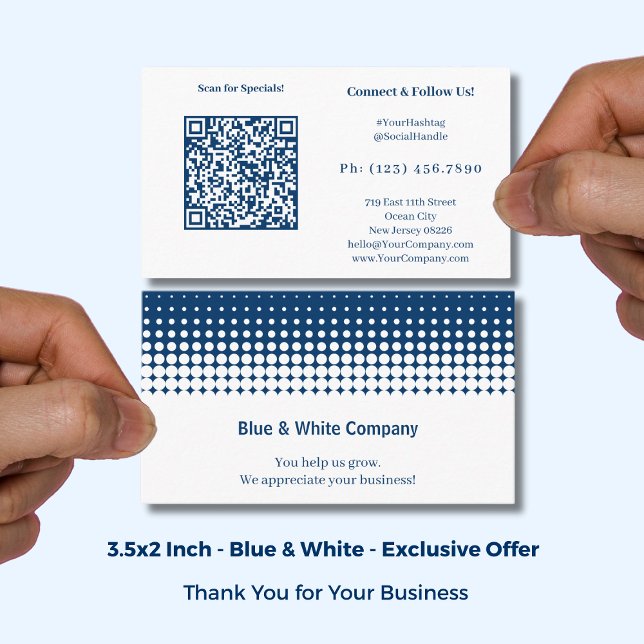 QR-kodssökning för vit Tack för specialiteter Visitkort (QR-code Scan for Specials White Blue Thank You Business Card: Size: 3.5x2 Inch, Landscape Format)